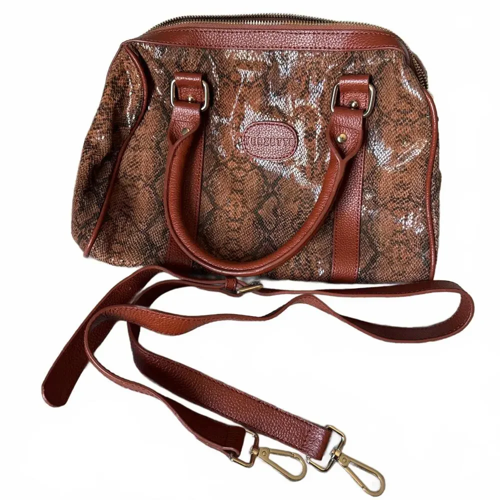 Terzetto Genuine Leather Zipper Satchel Bag, Crossbody Strap,‎ Snakeskin Pattern